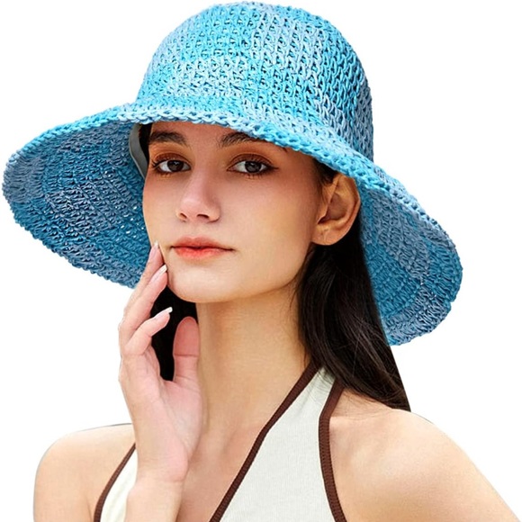 CROCHET HAT blue Tiffany Cotton Crochet Large Brim Hat - Picture 1 of 7